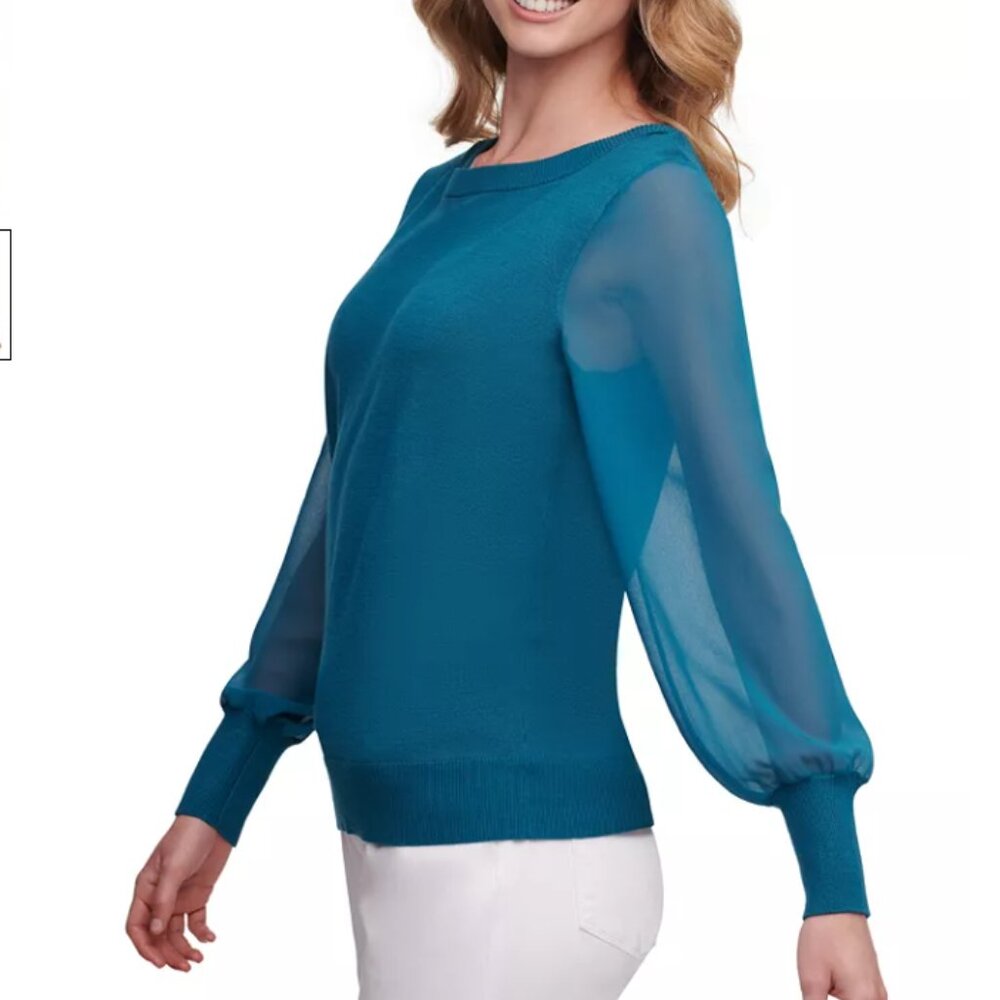 DKNY Sweater size XL Teal Metallic Knit Chiffon Sleeve Feminine Crew Neck